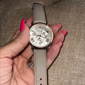 Michele Tan Chronograph Watch with Leather Strap